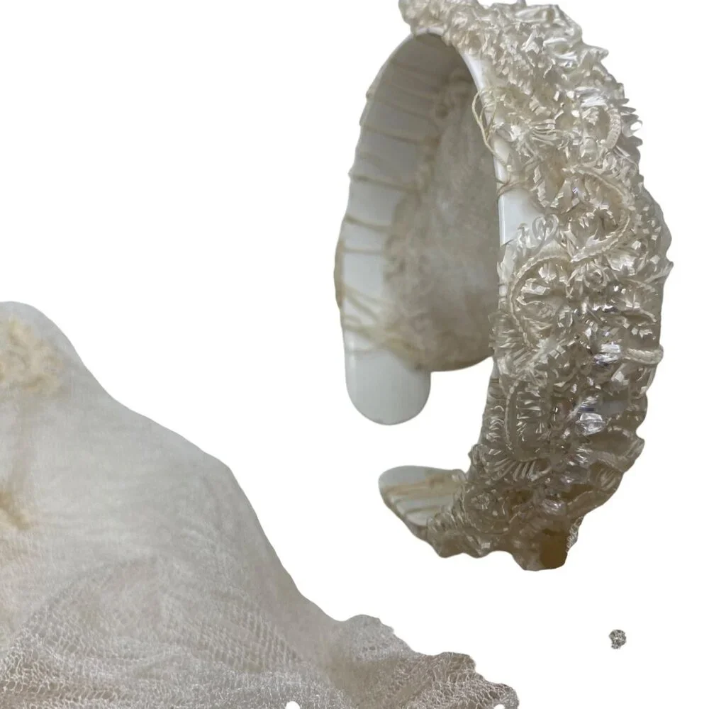 Antique Ivory Lace Christening Gauze Veil‎ Mantilla Floral Embroidery Beaded Cap